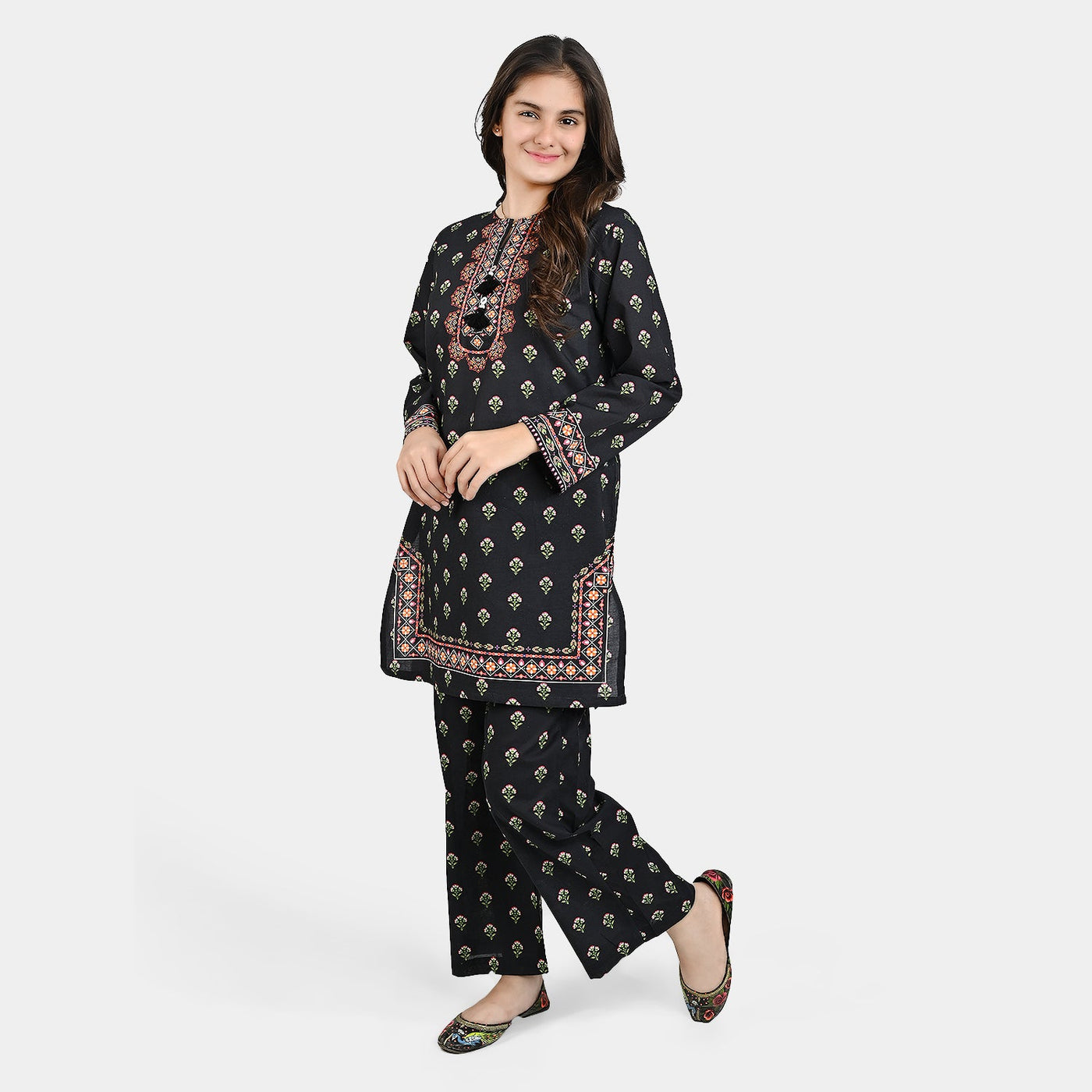 Teen Girls Cotton 2 PC Suit-Ethnic-BLACK